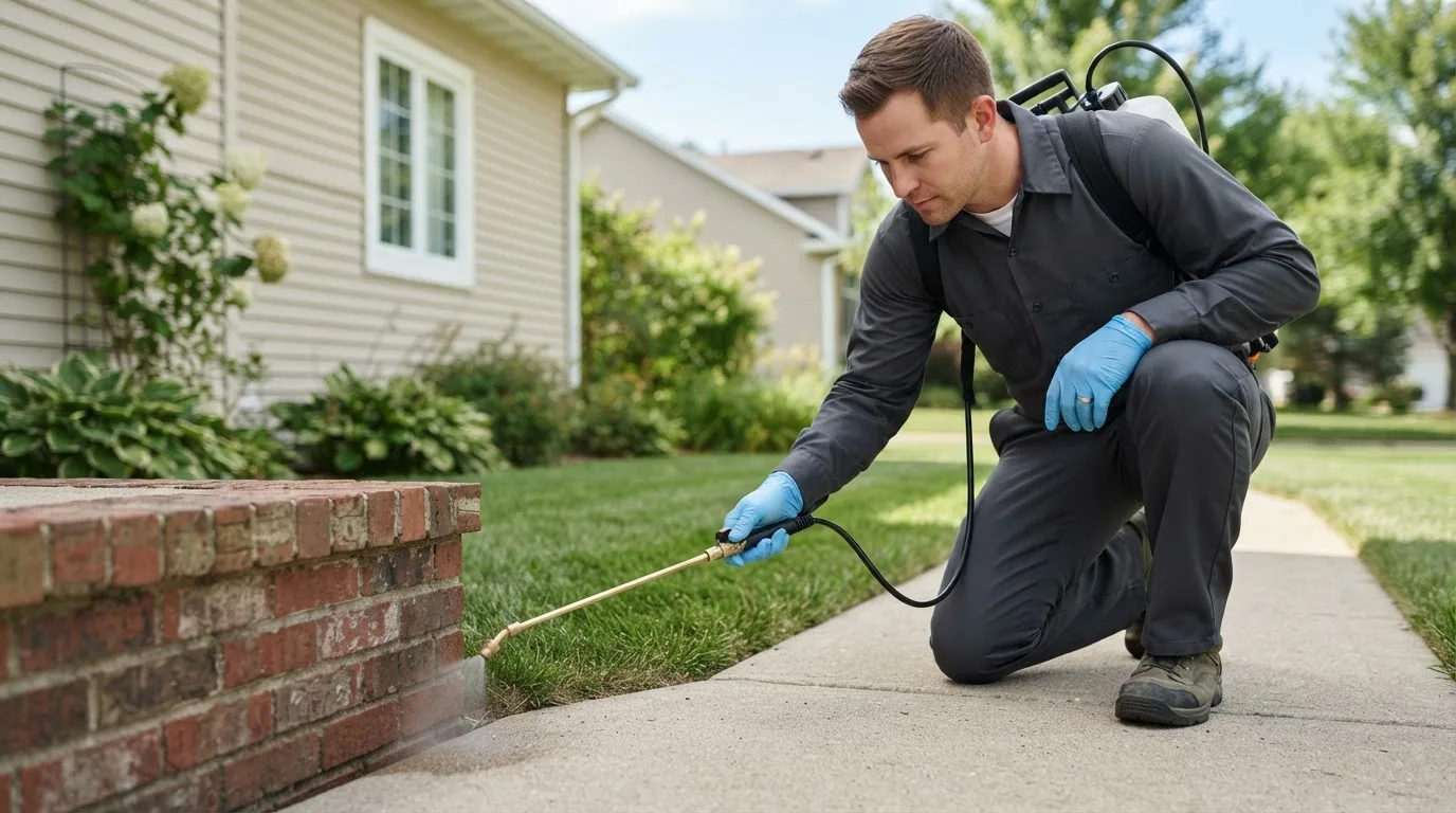 Pest control technician treating a home near Plymouth, MN