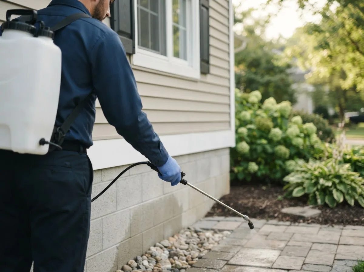 Pest control technician inspecting a home in Plymouth, MN